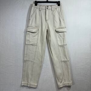 Pacsun S Elastic Waist Cargo Pants Cream‎ Utility Straight Leg Streetwear Y2K